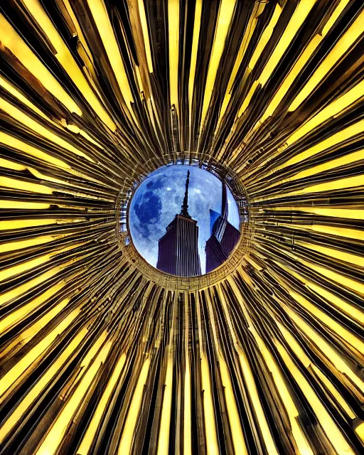 Image similar to a high definition photograph of the Moon inside the Empire State Building