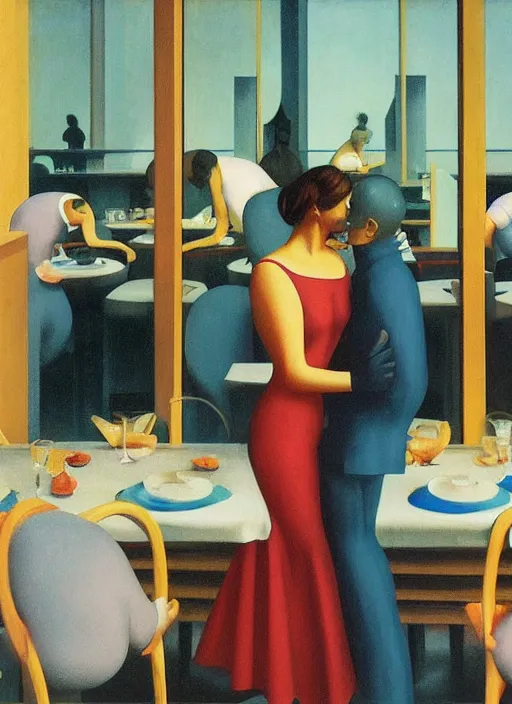 Prompt: spherical glass people kissing at restaurant Edward Hopper and James Gilleard, Zdzislaw Beksinski highly detailed