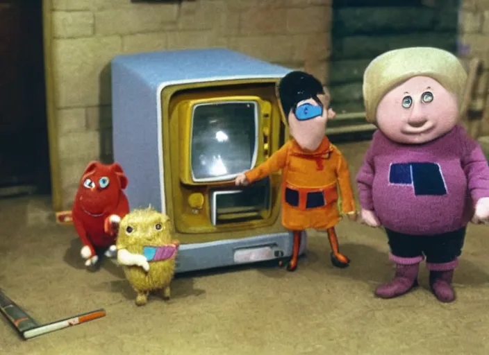 Image similar to a scene from a 1 9 7 0 s british kids tv programme by the bbc and oliver postgate, stop motion animation, postman pat, vhs distortion, cathode ray tube distortion, folk horror, hauntology