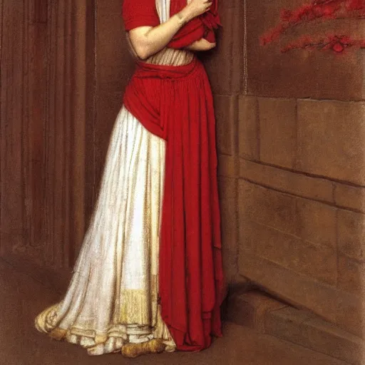 Prompt: ceremonial dress woman, film still by kubrick, depicted by herbert james draper, arnold bocklin, john willaim godward, sir lawrence alma - tadema. limited color palette, very intricate, highly detailed, minimalist. red and white chalk study unfinished..