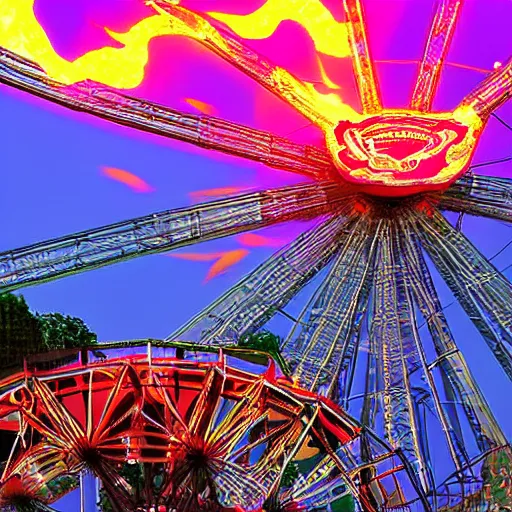 Image similar to a theme park in pre historic earth, erupting volcano, ferris wheel, lights, carnival, digital art by colby bryant