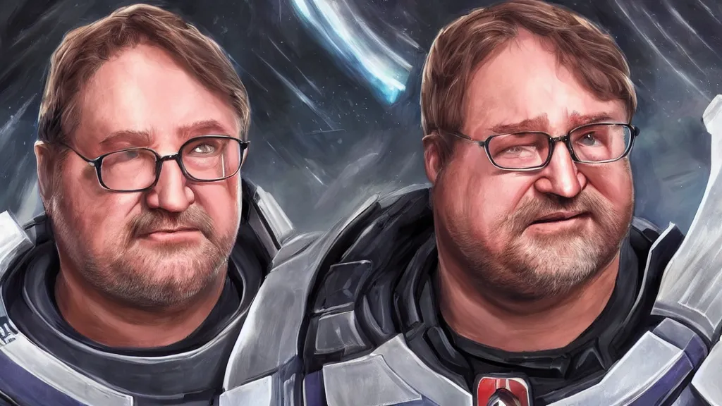 Prompt: portrait of gabe newell as a mass effect character, intense, high quality, high detail