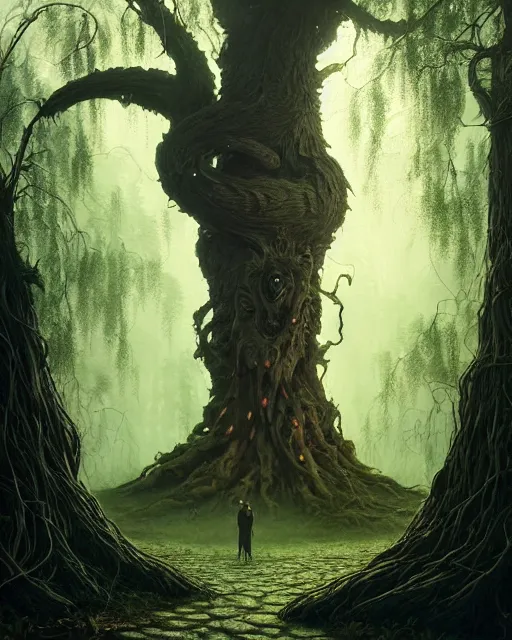 Image similar to highly detailed surreal vfx portrait of a cursed monster in a shadowy forest by a willow tree, stephen bliss, unreal engine, greg rutkowski, loish, rhads, beeple, makoto shinkai and lois van baarle, ilya kuvshinov, rossdraws, tom bagshaw, alphonse mucha, global illumination, detailed and intricate environment