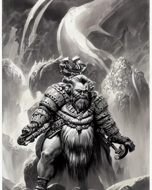 Image similar to a stunning portrait of a dwarf lord, fantasy illustration by Frank Frazetta and Boris Vallejo, symmetric, highly detailed, trending on artstationhq