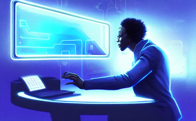 Image similar to handsome black genius hacking the metaverse, holographic keyboard, curved digital displays, urban interior, electric blue glowing lights, highly detailed, digital painting, artstation, concept art, smooth, sharp focus, illustration, art by wlop, mars ravelo and greg rutkowski