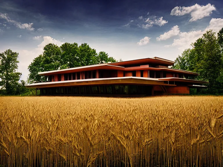 Prompt: hyperrealism design by frank lloyd wright photography of beautiful detailed eco house around the forest in small ukrainian village by taras shevchenko and wes anderson and caravaggio, wheat field behind the house