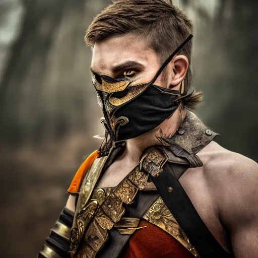 Image similar to portrait of a male warrior with half face-half mask ,fantasy, D&D, HDR, natural light, dynamic pose, award winning photograph, 8k, Mucha style,