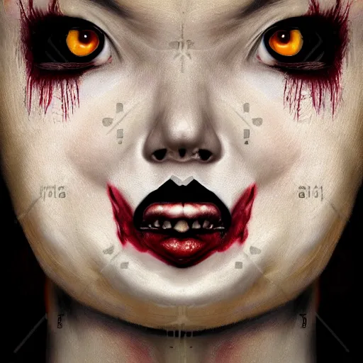 Image similar to hyperrealistic scary beautiful maniac deformed woman portrait of deep layers of fear sharp focus