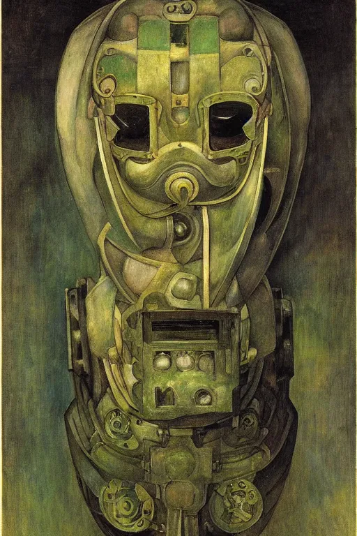 Image similar to the robot in her mechanical mask,by Annie Swynnerton and Diego Rivera, symbolist, dramatic lighting, elaborate geometric ornament, Art Brut, bioluminescent, soft blues and greens,smooth, sharp focus, extremely detailed, Adolf Wölfli