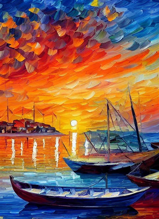 Image similar to beautiful seaside greek village and boats at sunset in the style of leonid afremov