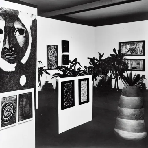 Image similar to A black and white photo in sérigraphie of an exhibition space with works of Sun Ra, Marcel Duchamp and tropical plants - W 1280