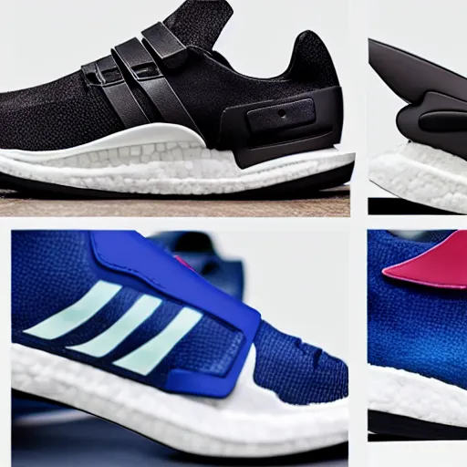 Image similar to the future of running shoes, product catalog shots, mecha details and colorful, Adidas