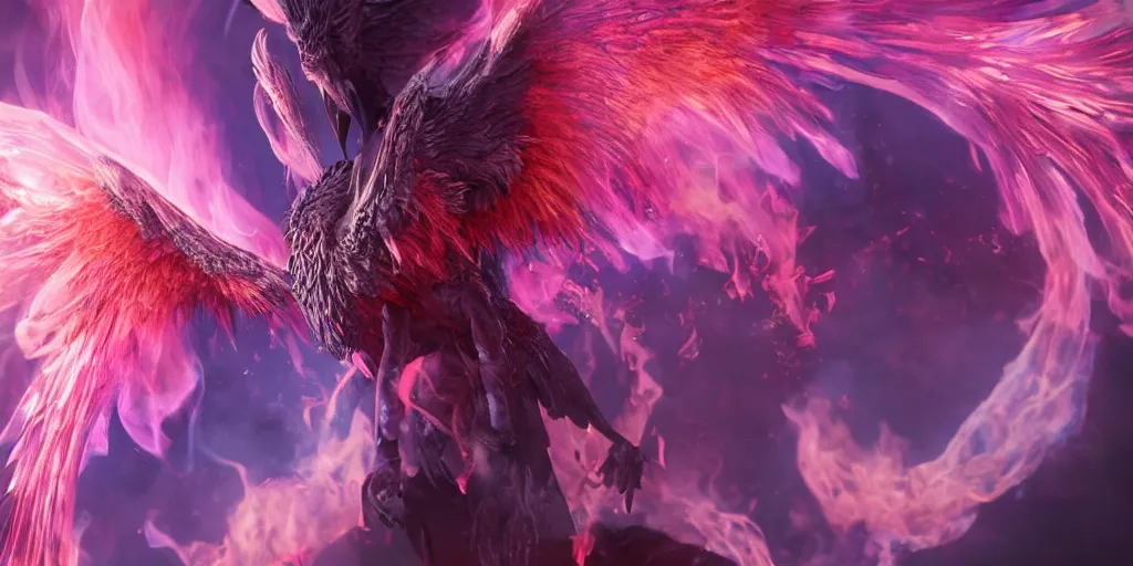 Prompt: pink and blue flaming phoenix, character portrait, unreal engine 5, intricate, detailed, realistic, masterpiece