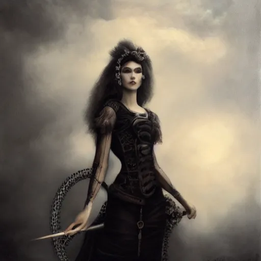 Image similar to By Tom Bagshaw, ultra realist soft painting of a beautiful steampunk gunslinger in long dress in shooting pose at a curiosity carnival by night, symmetry accurate features, very intricate details, ominous sky, black and white, volumetric light clouds