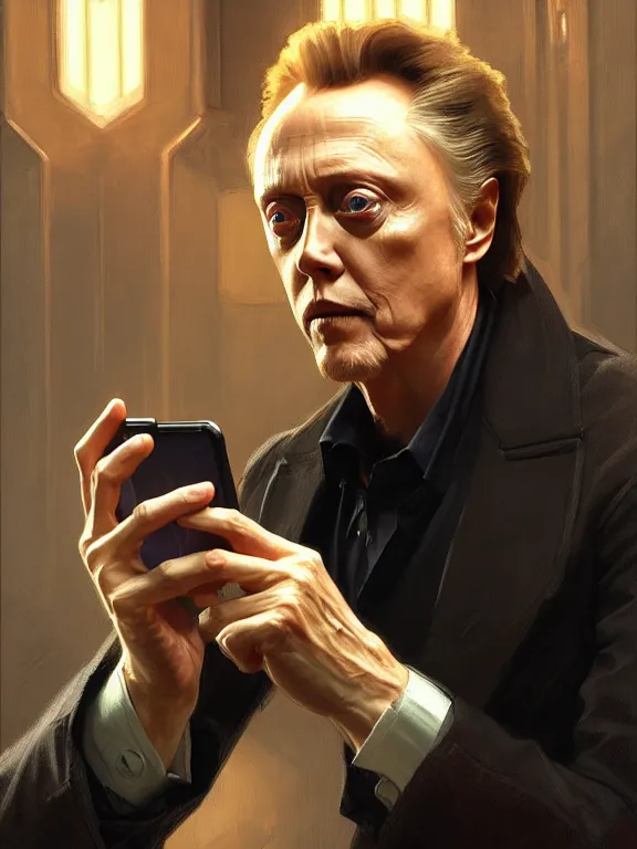 Image similar to portrait of christopher walken playing on his phone, intricate, headshot, highly detailed, digital painting, artstation, concept art, sharp focus, cinematic lighting, illustration, art by artgerm and greg rutkowski, alphonse mucha, cgsociety