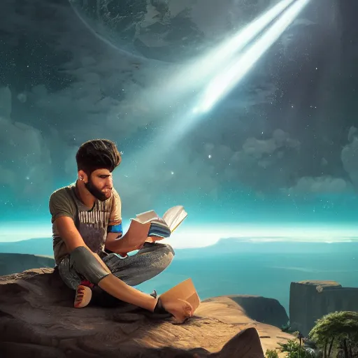 Image similar to Zayn reading a book sitting on top of a planet + Cinematic Lighting + Deep Shadows + Hyper Realistic + Hyper Maximalist + Maximalist Composition + Intricate Details + Rendered in Octane + Trending on Artstation + Hall of Fame on Cgsociety + 8K portrait + 8k Post-Processing Highly Detailed + Rendered by Octane Engine + 8K Artstation 8k Detail Post Processing + Octane Render