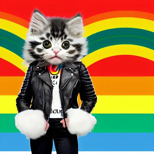 Image similar to wide angle full body, jacket wearing fluffy cute rainbow kitten wearing a black leather motorcycle jacket, concept art