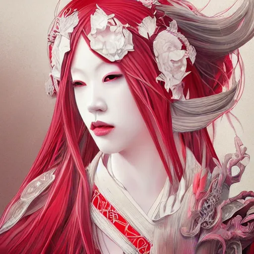 Image similar to albino maiko with very long fantasy hair, dluent composition, red and white neon, concept art, intricate details, highly professionally detailed, cgsociety, highly detailed -