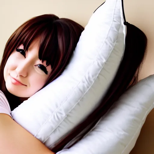 Prompt: cute anime girl hugging a pillow, official media