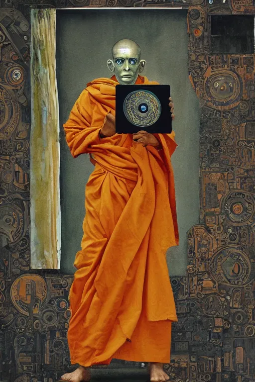 Image similar to robot monk painting a self - portrait on a canvas. intricate, highly detailed, photorealistic, film still, by christopher doyle.