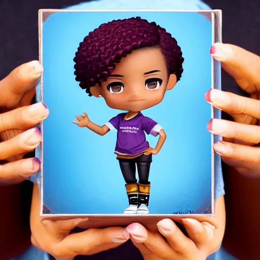 Prompt: black girl african american nendoroid, hazel levesque, teen black girl with curly brown hair and golden amber eyes wearing purple t shirt, african american, with gemstones and magic powers, by loish, african american girl, dark brown skin