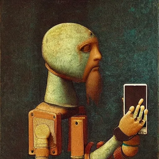 Prompt: a robot with teal hair holding a phone in ancient rome, painting by leonardo da vinci