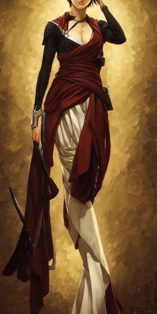 Image similar to Mikasa Ackerman, oil on canvas, ArtStation, by J. C. Leyendecker and Edmund Blair Leighton and Charlie Bowater