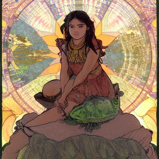 Image similar to a little warrior girl sitting on top of one giant turtle with a wise face looking at her. the girl has dark skin and beautiful green eyes, realistic full body and a very beautiful detailed symmetrical face with long black hair. diffuse light, dramatic sky and landscape, long shot fantasy illustration by mucha