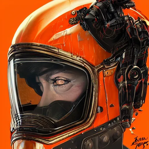 Prompt: a portrait of a monster, in an orange racing helmet by sandra chevrier, detailed render, epic composition, cybernetics, 4 k realistic, cryengine, realistic shaded lighting, sharp focus, masterpiece, by matteo scalera, gary montalbano, peter elson in the style of the tokyo ghost comic