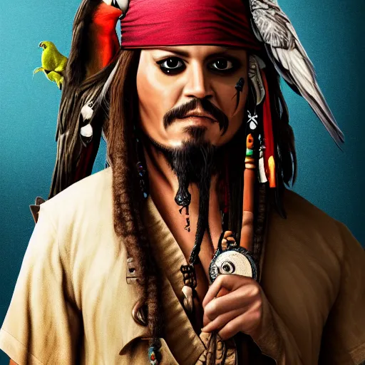 Image similar to jack sparrow with a parrot on the shoulder, portrait, 8k resolution