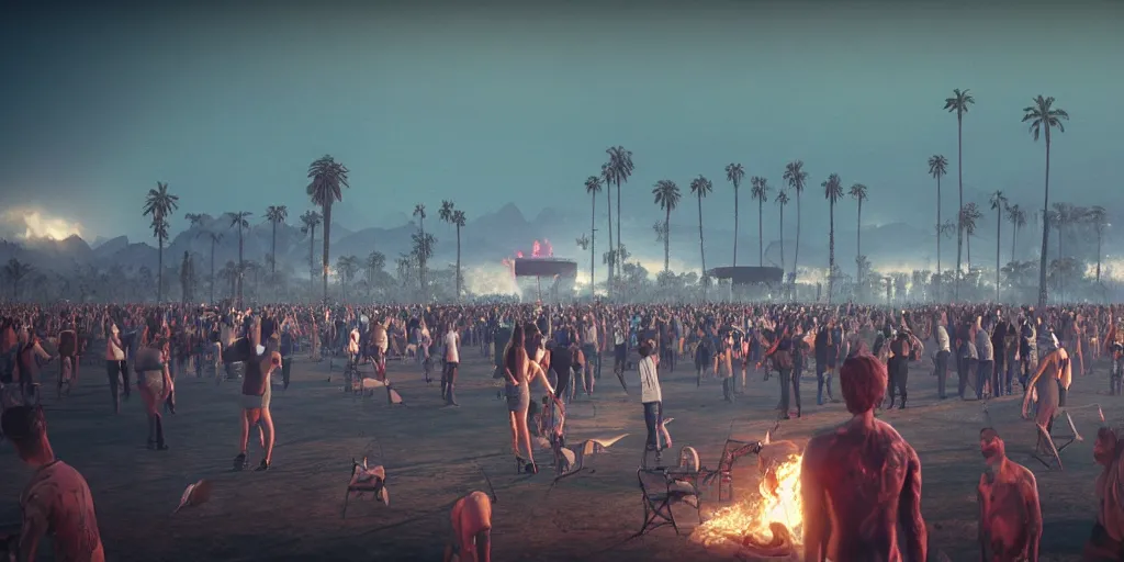 Prompt: realistic cinematic views of a orwellian coachella with fires in the background and dead seagulls falling from the sky in front of the main stage, realistic, cinematic, newspaper, dramatic lighting, depth of field background by victor mosquera, misty, terror glow, unreal engine 5 render, 3 5 mm film grain