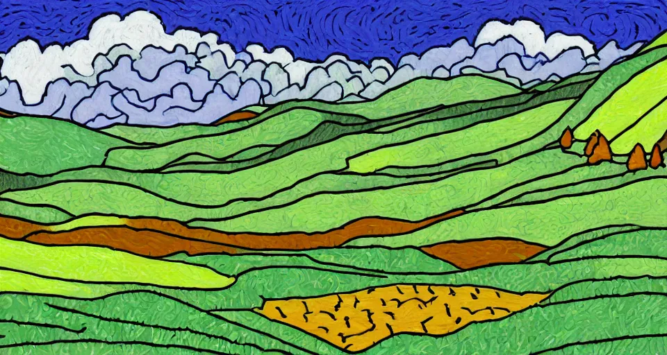 Prompt: Masterfully drawn mspaint art piece of rolling hills. Amazing beautiful incredible wow awe-inspiring fantastic masterpiece gorgeous fascinating glorious great.