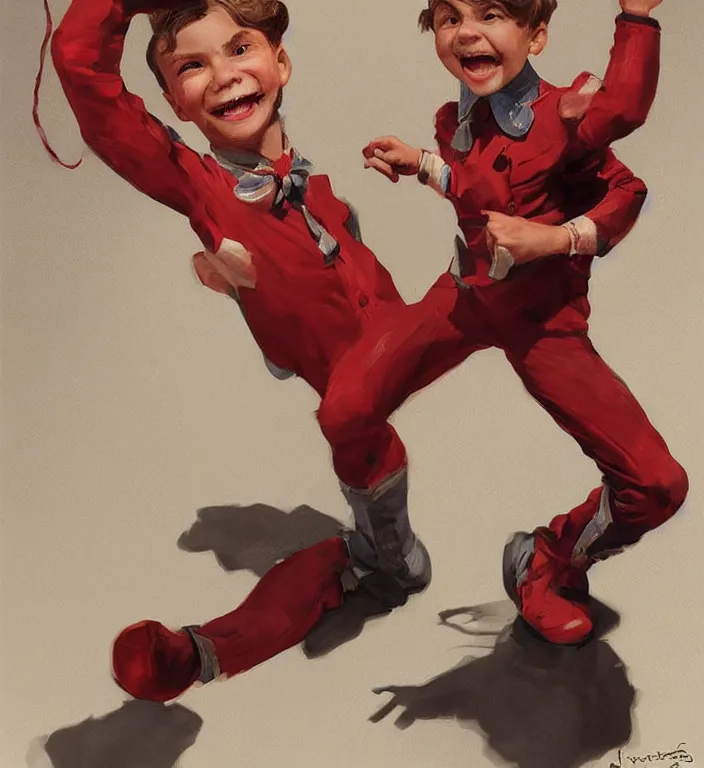 Prompt: medium shot, a boy with mildly dangerous looking eyes with smile with red suit on, very detailed, digital art, concept art, studio quality, fantasy, art style by J. C. Leyendecker