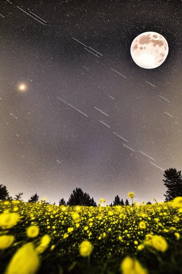 Prompt: low angle, shot from below. two very large moons in night sky. milky way in the night sky. 3 0 second shot. heavy meteor shower. field of big frozen yellow flowers. f 1. 8 lens, lens flare, bokeh. high detail. photorealistic