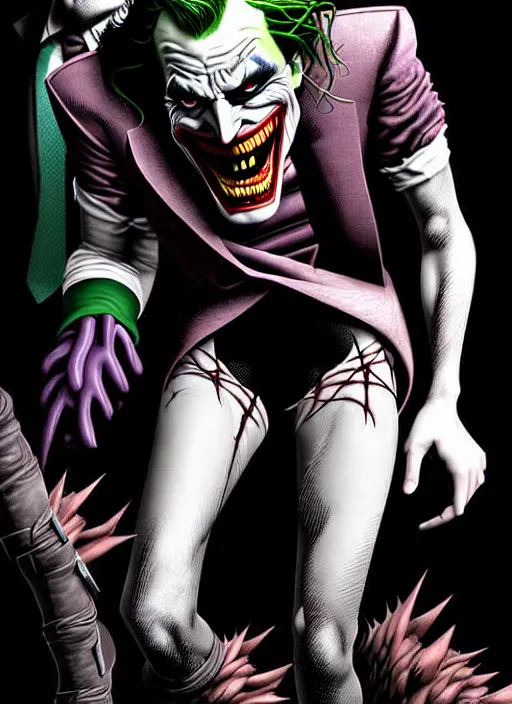 Prompt: An edgy digital illustration The Joker wearing only his briefs, hair disheveled, with a dark sinister grin, walking towards his captive victims, Emma Watson and Jessica Alba, the girls are tied in bondage and ball-gagged, eyes are fearful, digital art in the style of Stanley Artgerm Lau and by David Finch, digital comic, cinematic, hyper-detailed