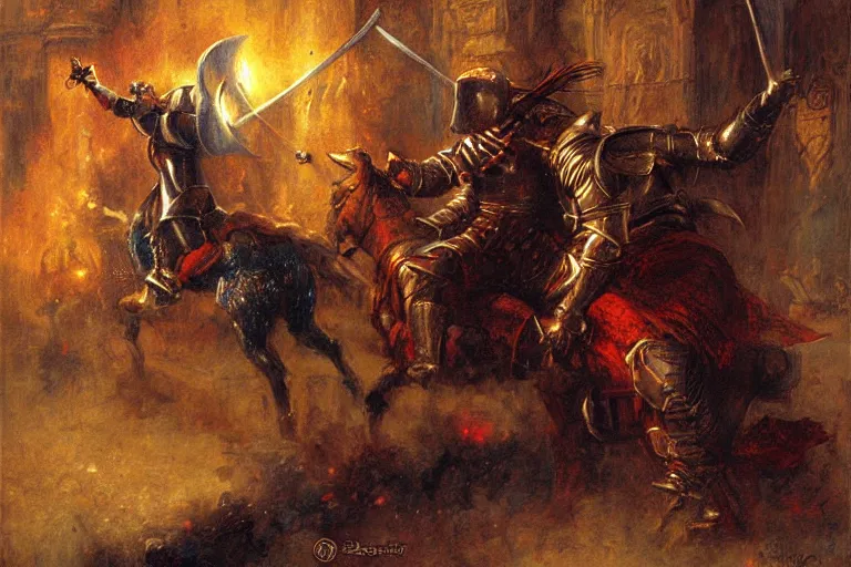 Prompt: a medieval knight duels a demonic entity, by gaston bussiere