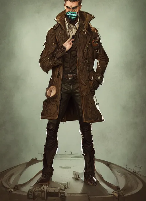 Image similar to a highly detailed illustration of thick wavy brown haired young white guy wearing brown detective trench coat and wearing dark green mask, with long mechanical arms on his back, dramatic standing pose, intricate, elegant, highly detailed, centered, digital painting, artstation, concept art, smooth, sharp focus, league of legends concept art, WLOP