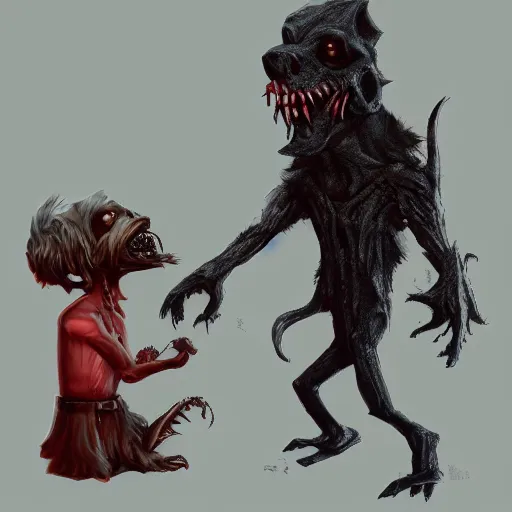 Image similar to mr pimby and his vicious pet tickle monster, dark, horror, detailed, high quality, artstation