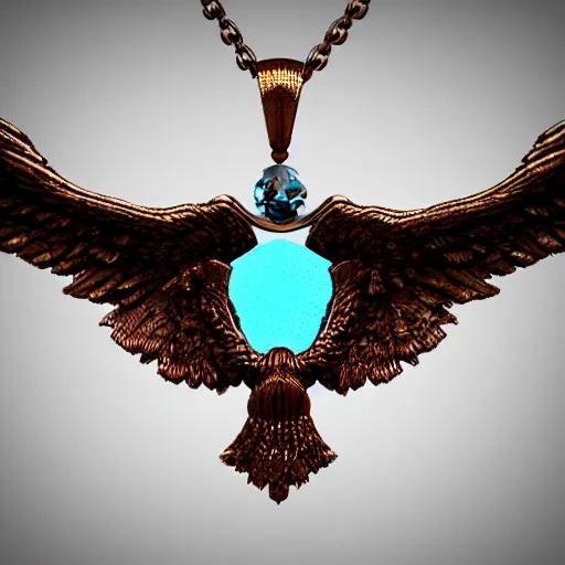 Image similar to 2 tone 3 d 6 winged angel necklace, jewelry render, photography, raytraced