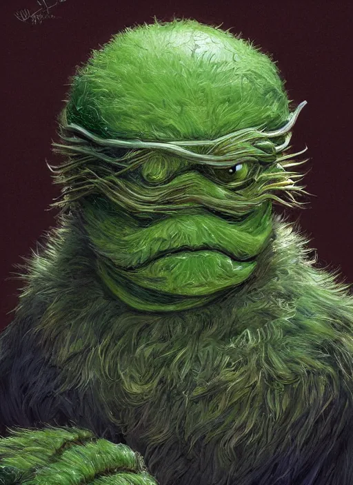 Prompt: portrait of Oscar The Grouch in The Thing (1982), highly detailed, centered, solid color background, digital painting, artstation, concept art, smooth, sharp focus, illustration, artgerm, donato giancola, Joseph Christian Leyendecker, Les Edwards, Ed Repka, WLOP, Artgerm