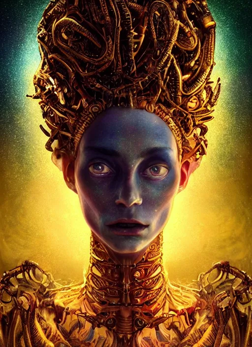 Prompt: vivid hyperdetailed portrait of menacing, anxious, agitated yet stunningly beautiful biomechanical djinn the unwilling god of creation overseeing the iridescent fabric of the universe, by charlie bowater, mandy jurgens, gustav klimt, octane render, dramatic camera angle, 4k, 8k, high detail, HDR, by tom bagshaw, powerful, with inspiration from Beksinski, inspired by greek goddess Athena