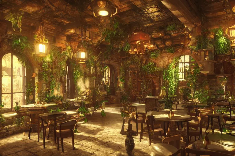 Prompt: inside a a lush tavern found in italy, artgerm, yoshitaka amano, gothic interior, 8 k, octane render, unreal engine