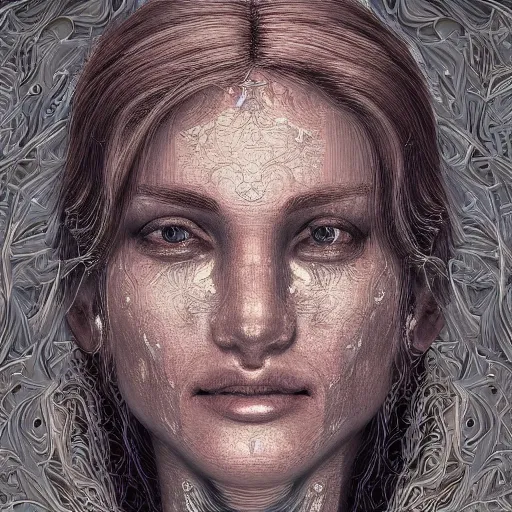 Prompt: face portrait of a beautiful woman, 150 mm, anatomical, flesh, flowers, mandelbrot fractal, veins, arteries, symmetric, intricate, golden ratio, full frame, microscopic, elegant, highly detailed, ornate, ornament, elegant , luxury, beautifully lit, ray trace, octane render in the style of peter Gric , alex grey and Romero Ressendi