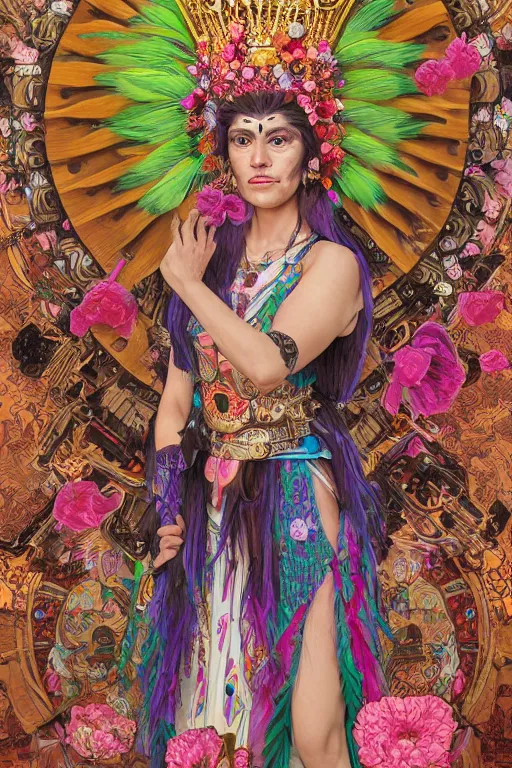 Prompt: medium body shot portrait photo of female magical aztec warrior wearing a crown of long magical quetzal feathers and peony flowers as a cyberpunk cyborg goddess - realistic and detailed, by aaron de leon, sandro boticelli, studio ghibli and alphonse mucha, hdr 8 k