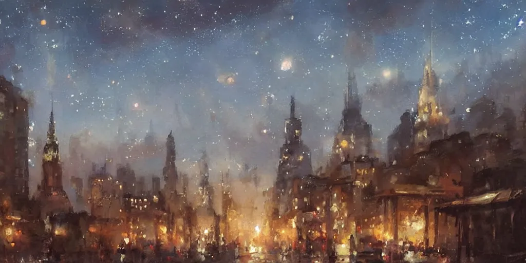 Prompt: stunning landscape painting of an city from 1 9 0 0 with stars in the sky by krenz cushart