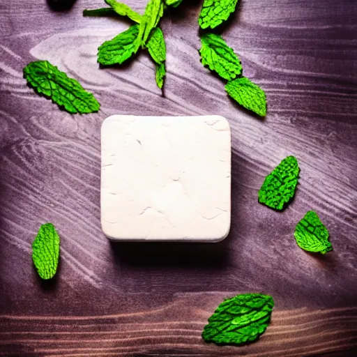 Prompt: photograph of a marshmallow cube with mint swirls on a dark wooden chopping board, hessian cloth, styled food photography, photorealistic, 4 k