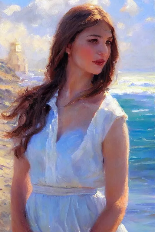 Image similar to portrait of a beautiful woman by the beach, morning, highly detailed, ultrarealistic oil painting, vladimir volegov, artstation