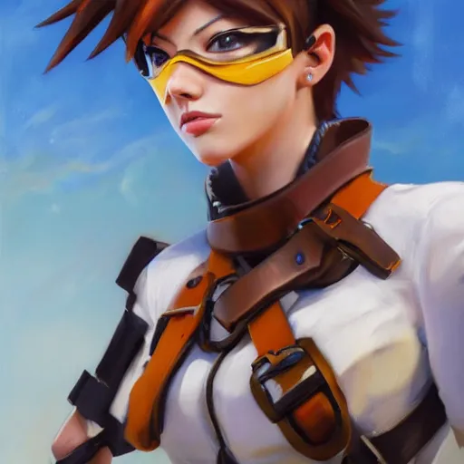 Image similar to oil painting of tracer overwatch in a field wearing large leather belt choker collar around neck, in style of mark arian, expressive face, detailed face, detailed eyes, full body, feminine face, tracer overwatch,