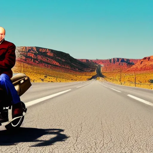 Image similar to a photo of vladimir lenin riding a motorbike, desert road, blue skies, hyper realistic, 4 k
