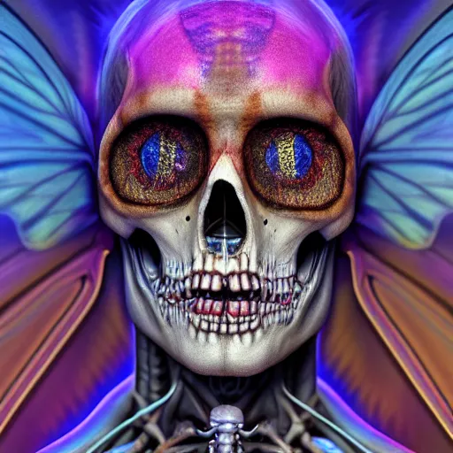 Image similar to a portrait of a skelton with moth wings, highly detailed, digital photo, hdri, by christopher bretz and john carpenter, vivid colors, high contrast, 8 k resolution, intricate, photorealistic, smooth, psychedelic color scheme, concept art, award winning, cg society contest winner